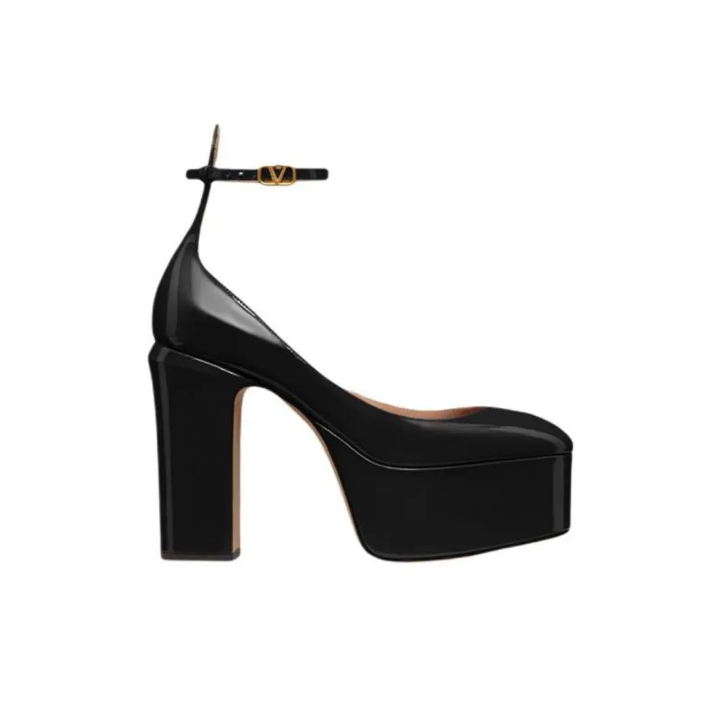 Valentino Tan Go GARAVANI Chunky Heel High Heels Women's Black-1