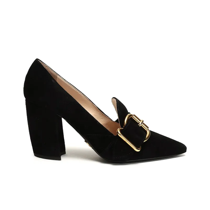 PRADA Fringed Buckle Suede Pointy Pumps 'Black' Women's-1