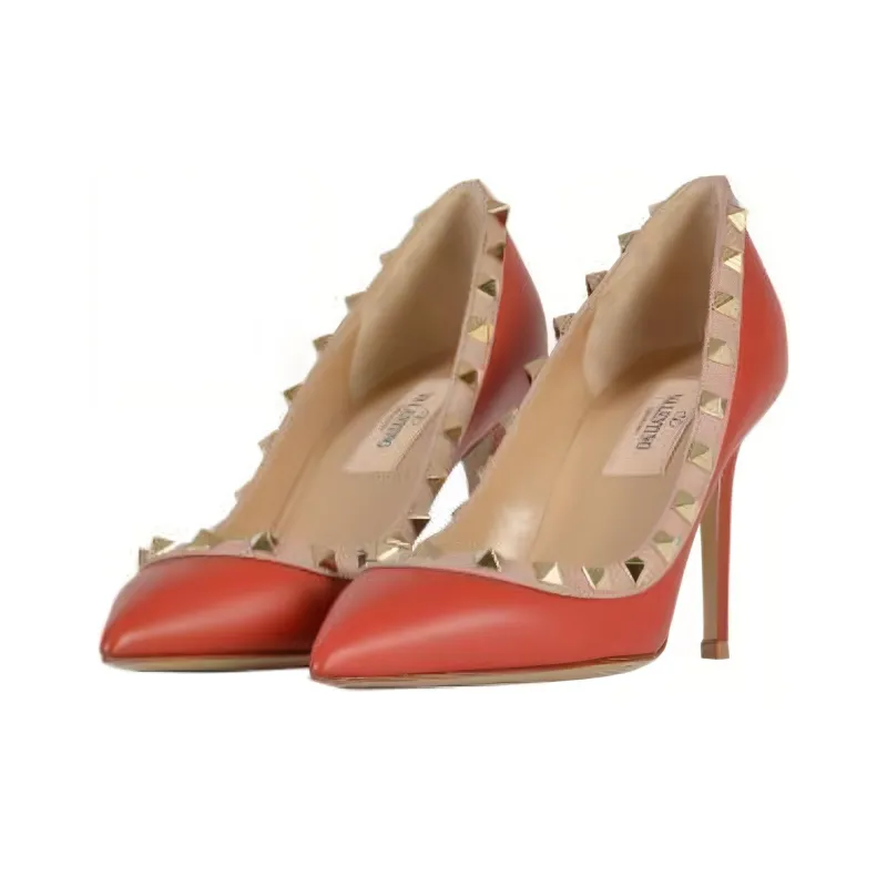Valentino ROCKSTUD Slim Heel High Heels 10cm Women's Orange Red-2