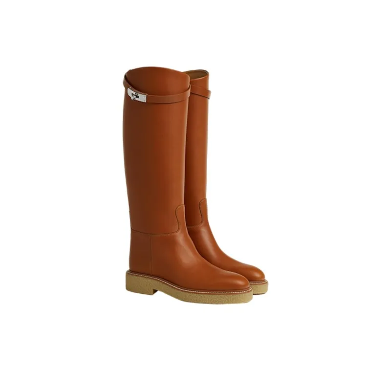 HERMES Honey Knee high Boots Women's Brown-3