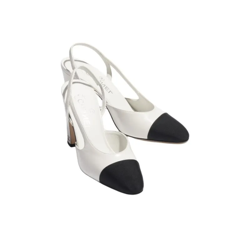 CHANEL Chunky Heel High Heels 9cm Women's White-3
