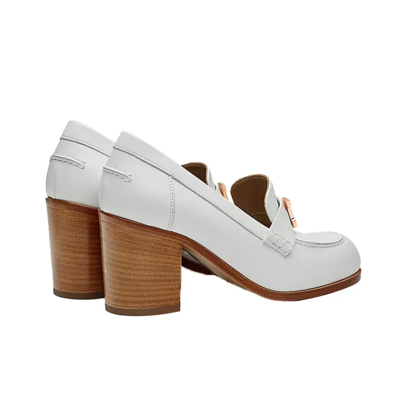 HERMES Dauphine Block Heel High Heels 7cm Women's White-3