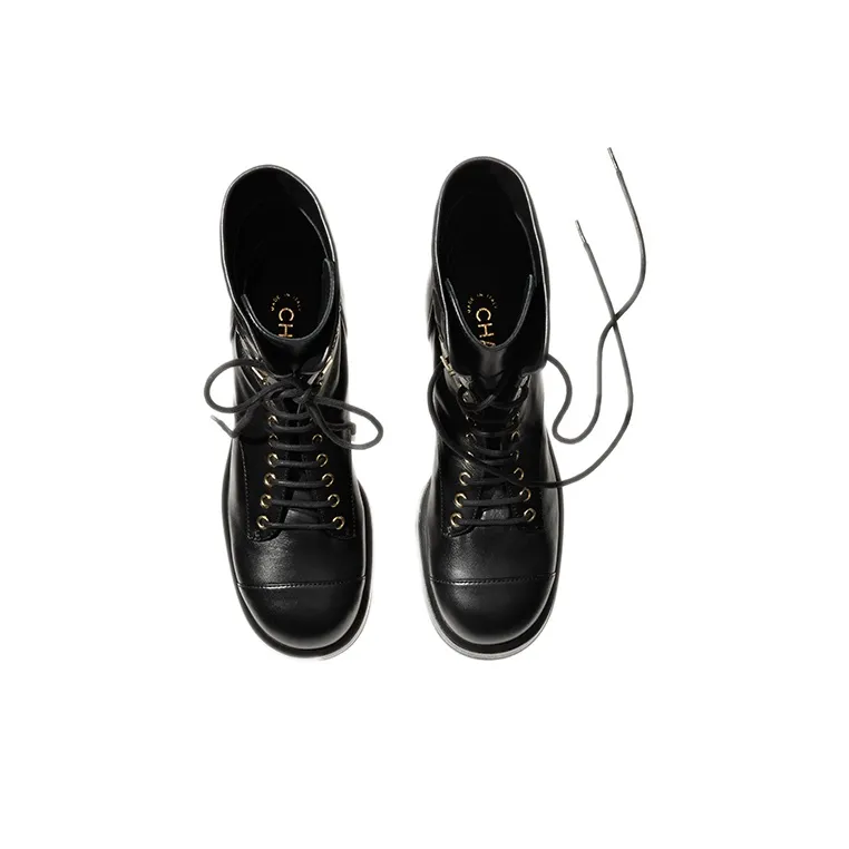 CHANEL Lace Ups Combat Boot Black Leather-3