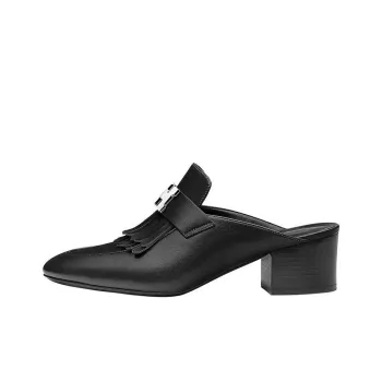 HERMES Block Heel Wrap-toe Slippers Women's Black