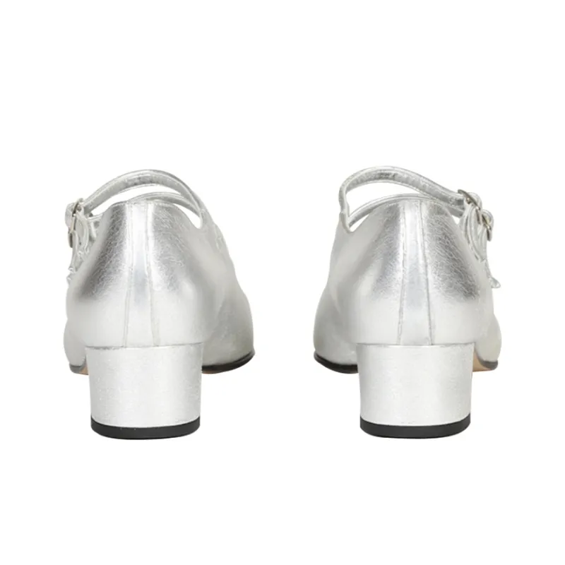 Carel Kina Collection Chunky Heel Mary Jane Shoes 4cm Women's Matte Silver-3