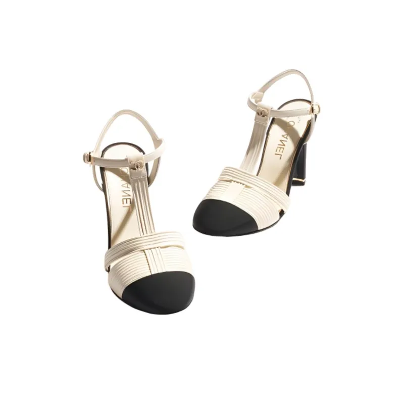 CHANEL Chunky Heel High Heels 9.5cm Women's White-3