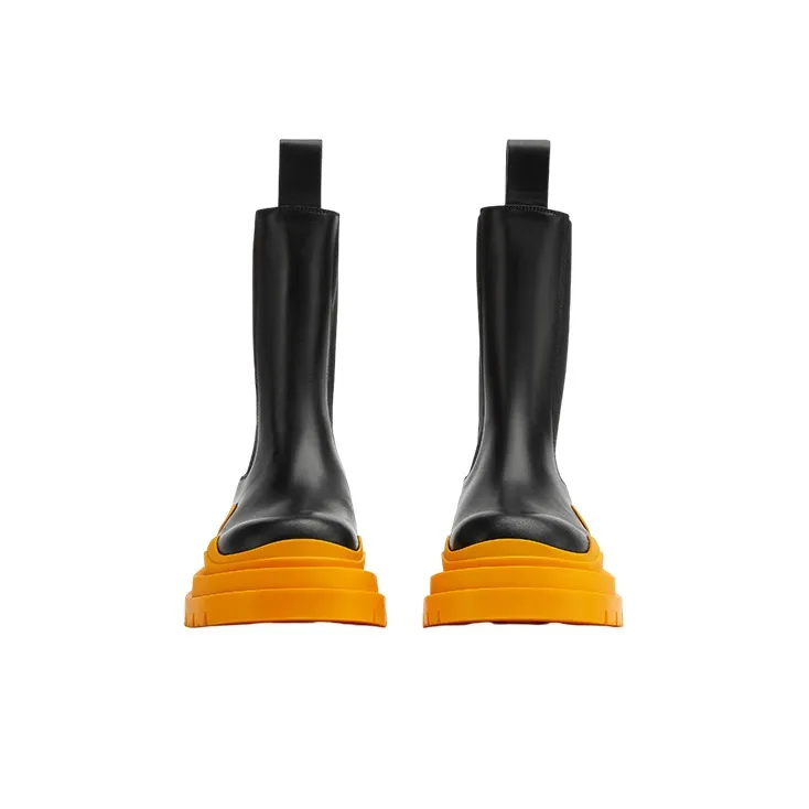 Bottega Veneta Leather Tire Chunky Sole Chelsea Boot Black Tangerine-2