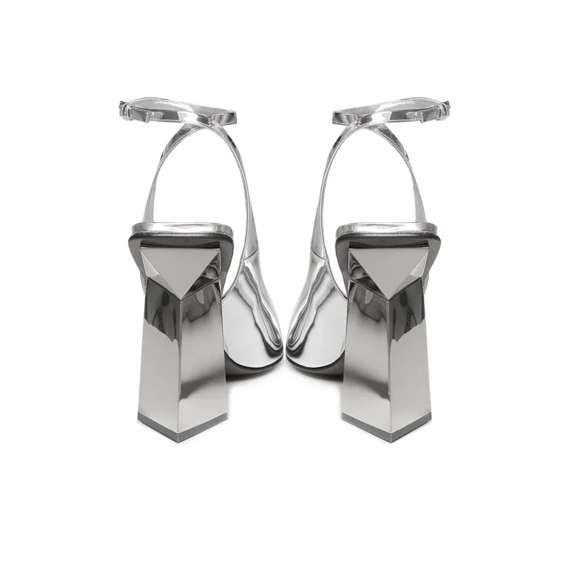 Valentino Block Heel High Heels 11cm Women's Silver-3