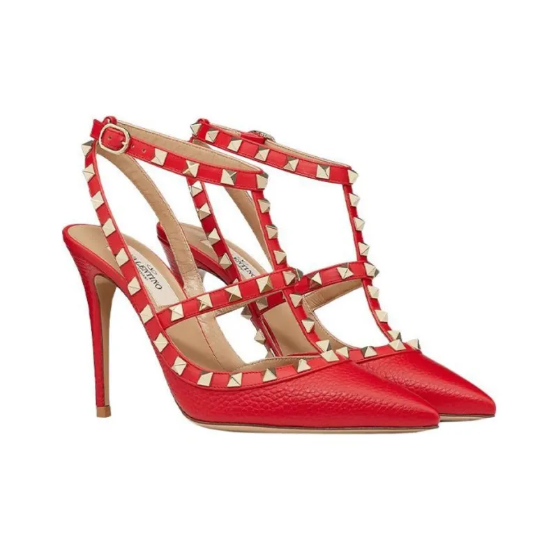 Valentino Rockstud Slim Heel Casual High Heels 11cm Women's Red-2