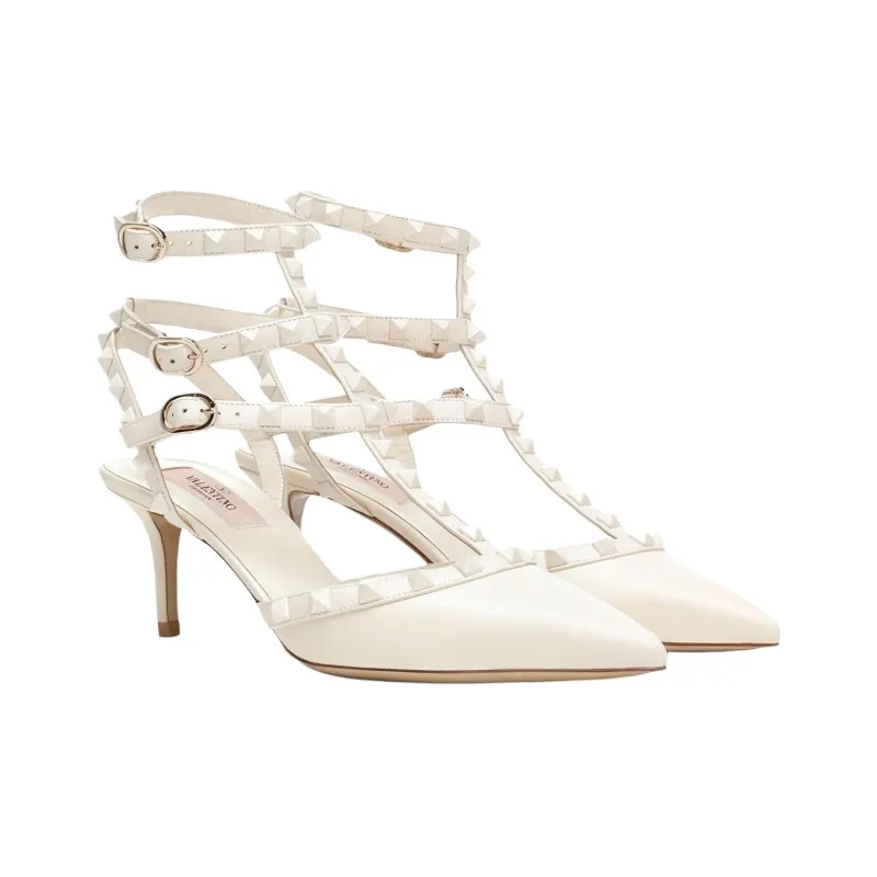 Valentino Rockstud Slim Heel High Heels Women's White-2