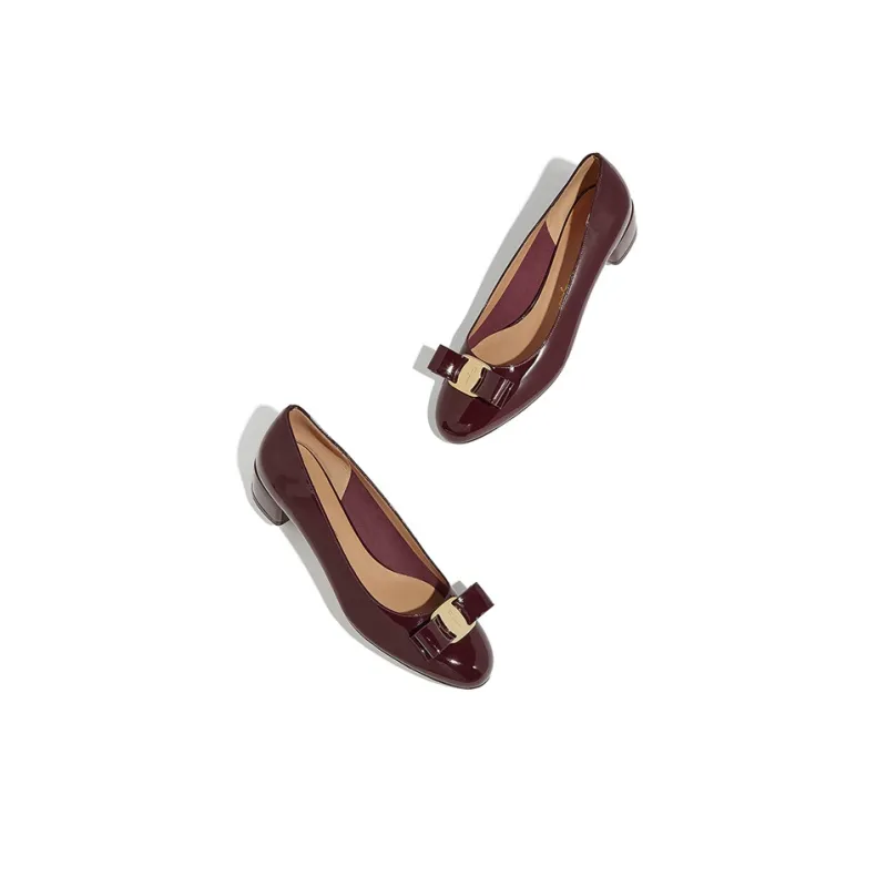 FERRAGAMO Vara Chunky Heel Bowknot High Heels 3.5cm Women's Burgundy-3