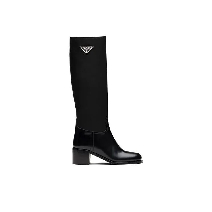PRADA Black Brushed Leather And Re nylon Knee Boots 'Black' Women's-1
