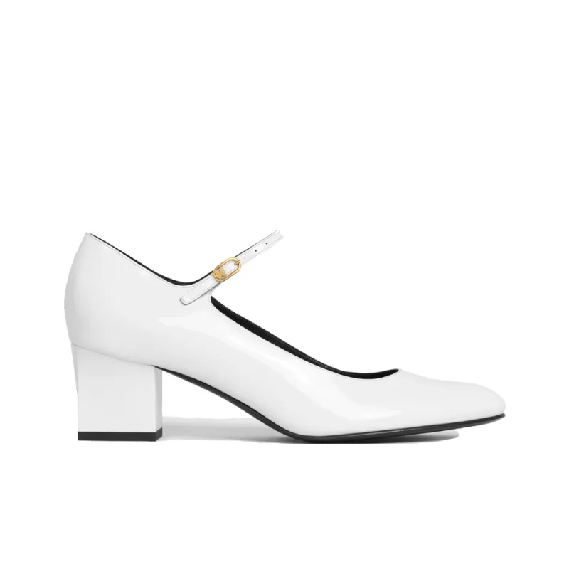 CELINE Babies Mary Jane Block Heel High Heels 5.5cm Women's White-1