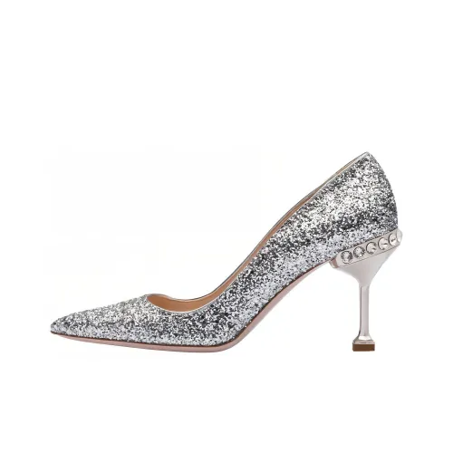 MIU MIU Glitter Pumps Flared Heel High Heels 5cm Women's Silver