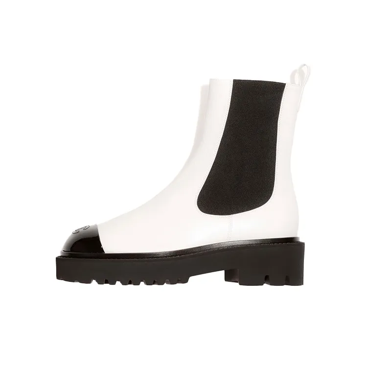 CHANEL Chelsea Boots Medium Heel 3 5cm Women's Black White-0