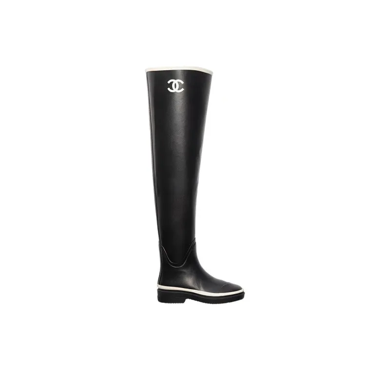 CHANEL Thigh High Rubber Rain Boots Black Women's-1