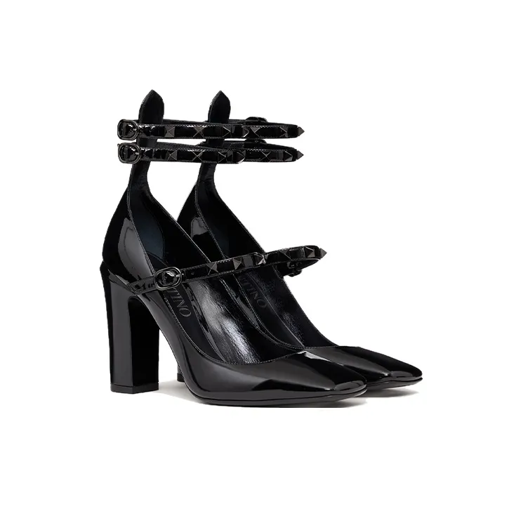 Valentino Tan Go Chunky Heel High Heels 10cm Women's Black-2