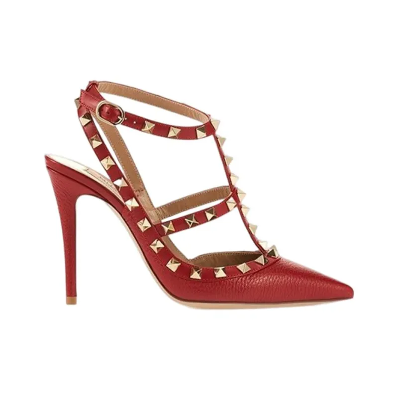 Valentino Rockstud Slim Heel Roman Sandals Women's Red-1