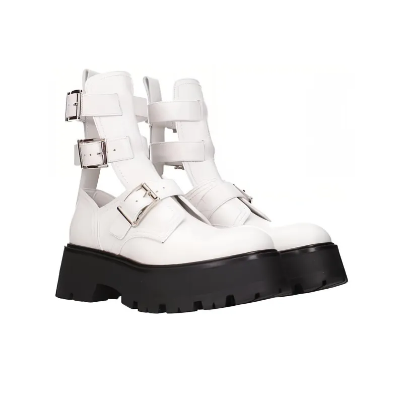 Alexander McQueen Buckle Fastening Ankle Boots White Black Women's-2