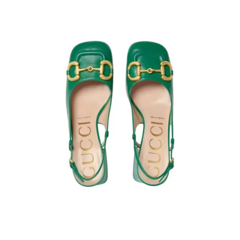 GUCCI Horsebit 75mm Heeled Slingback Bright Green Leather-3
