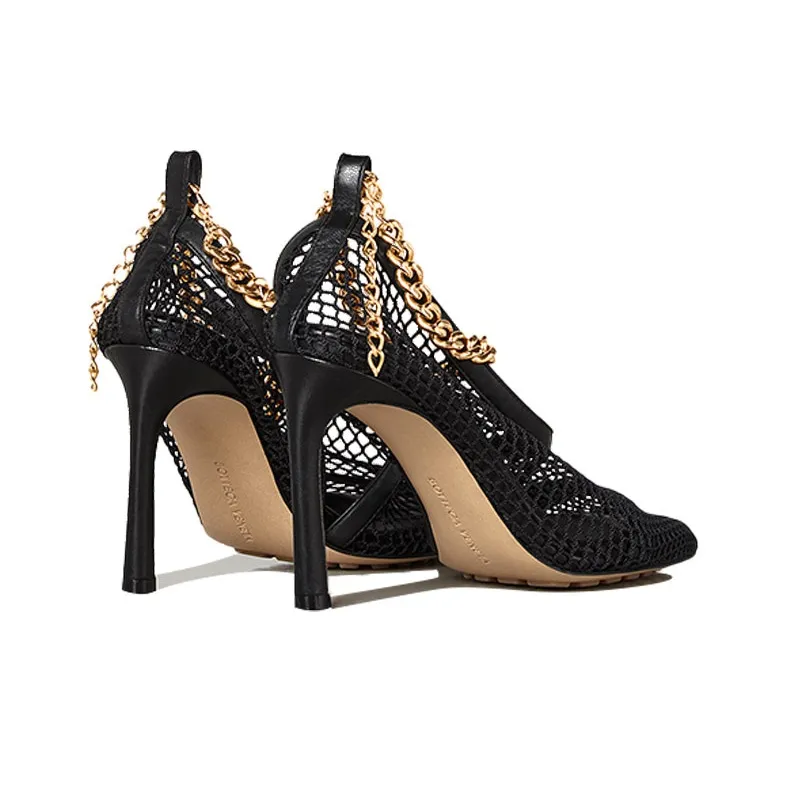 Bottega Veneta Chain Trimmed Mesh Sandals Black Gold Women's-3