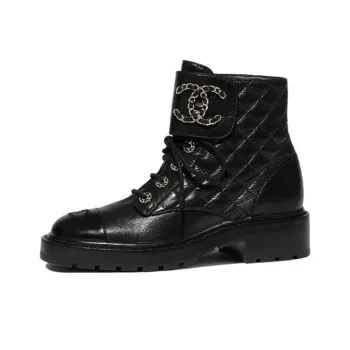 CHANEL Quilted Combat Boot Black Leather Women's