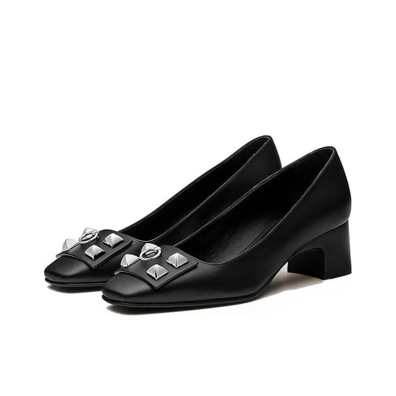 HERMES Delicate Chunky Heel High Heels 5cm Women's Black-2