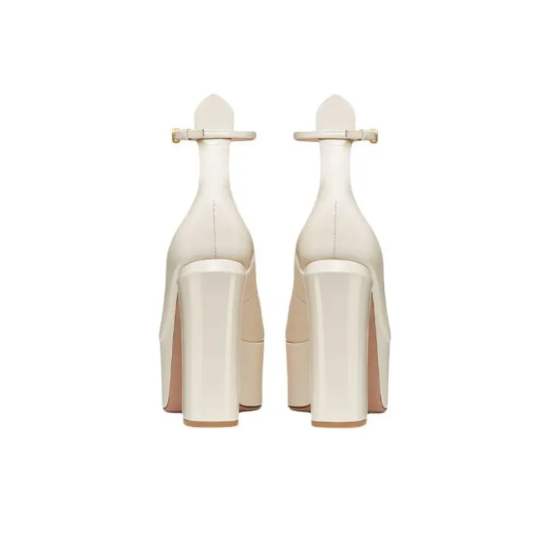 Valentino Tan Go Chunky Heel High Heels Women's White-4