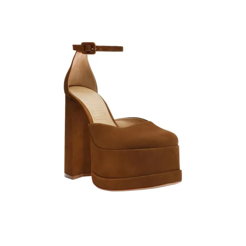 Schutz Luan Nubuck Leather Chunky Heel High Heels 14cm Women's Brown-2