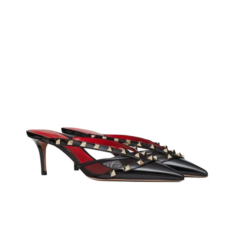 Valentino Rockstud GARAVANI Slim Heel Closed Toe Slippers 6cm Women's Black Red-2