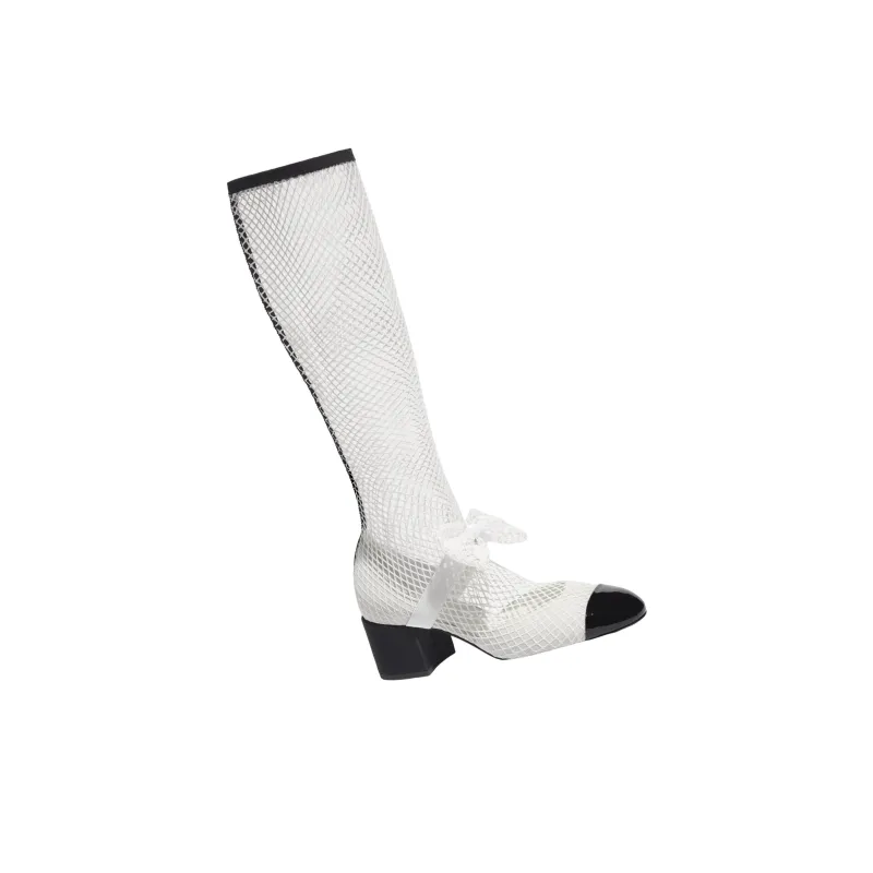 CHANEL Resille 55mm Knee High Mary Janes White Black Patent Calfskin Women's-2