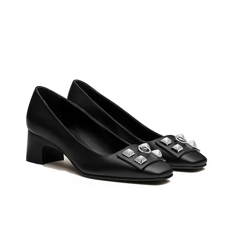 HERMES Delicate Chunky Heel High Heels 5cm Women's Black-3