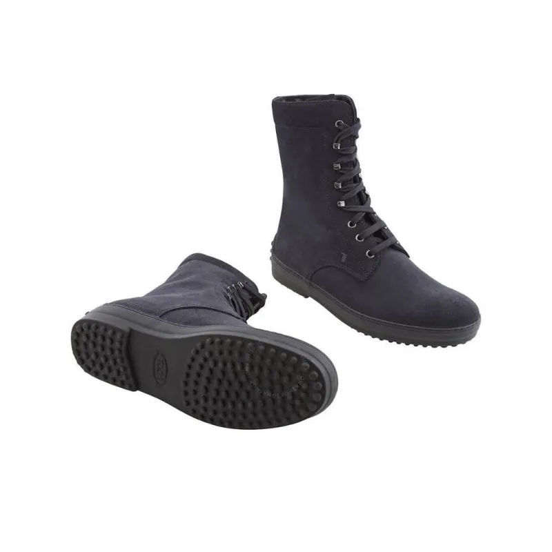 TOD'S Gommini Stivaletto Suede, Round Tip Lace Up, Ankle Boots Men's Dark Blue-2