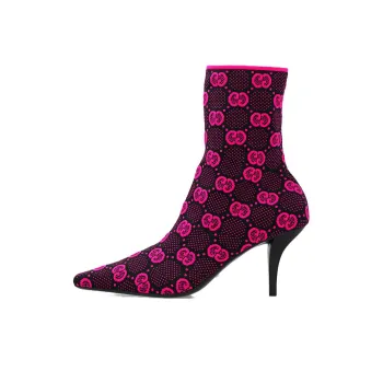 GUCCI Gg 75mm Knit Ankle Boots Black Fluorescent Pink Fabric Women's