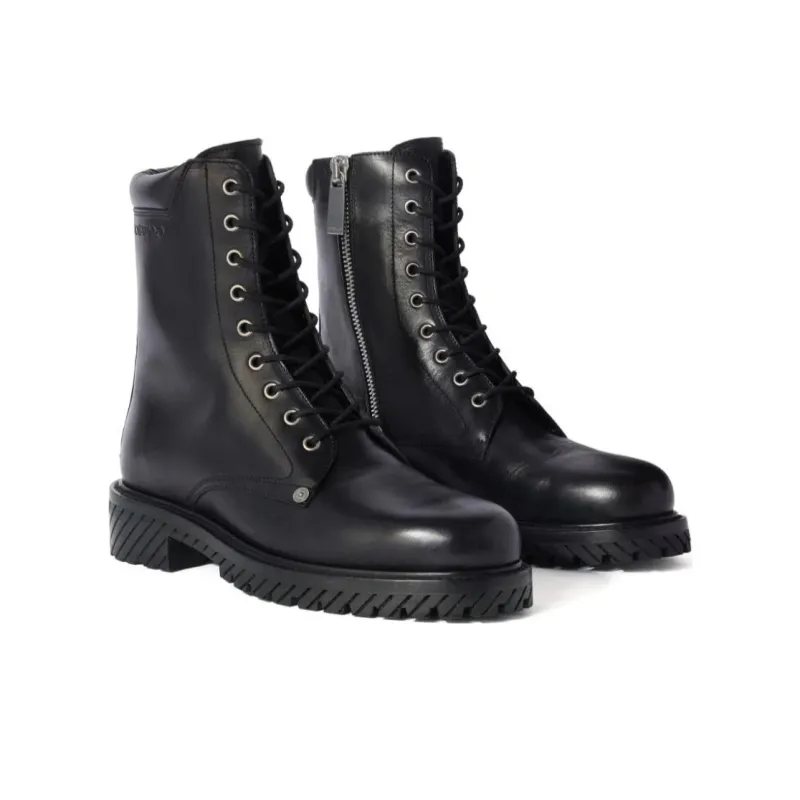 OFF WHITE Logo Debossed Round Toe Combat Boots-1