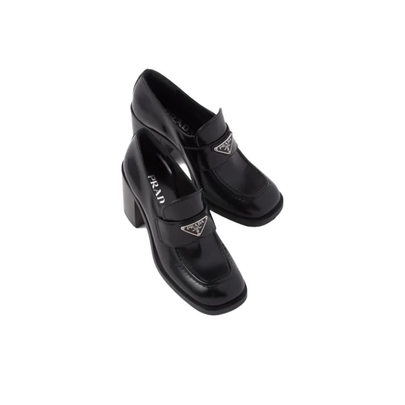 PRADA Brushed Leather High heel Loafers 'Black' Women's-2