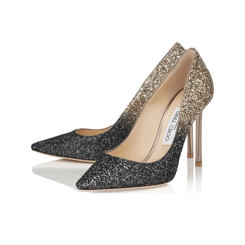 Jimmy Choo ROMY Slim Heel High Heels 10cm Women's Black Gold-1