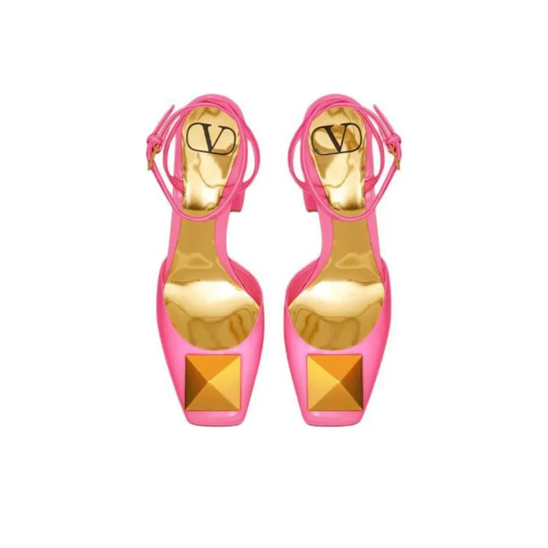 Valentino One Stud GARAVANI Chunky Heel High Heels Women's Pink-3