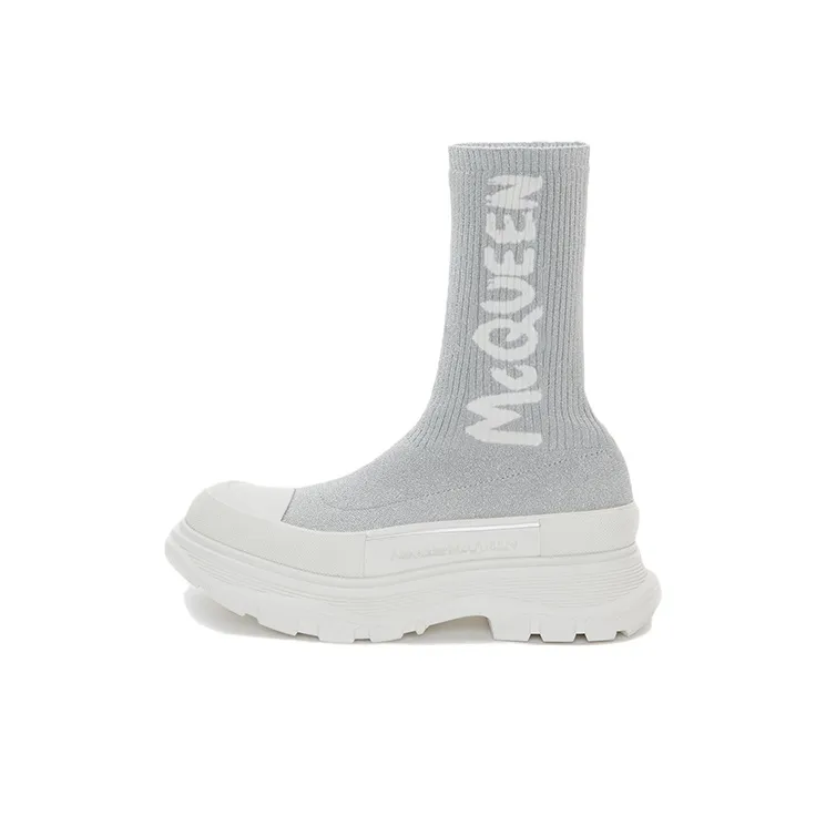 Alexander McQueen Logo Intarsia Chunky Sock Sneaker Grey White Women's-0