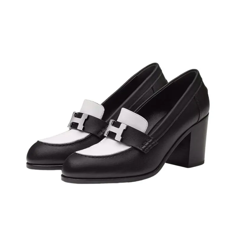 HERMES Dauphine 70 Chunky Heel High Heels Women's Black White-2