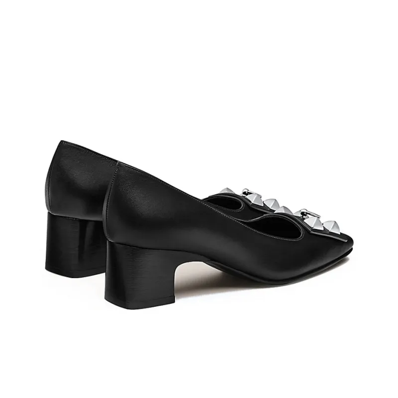 HERMES Delicate Chunky Heel High Heels 5cm Women's Black-4