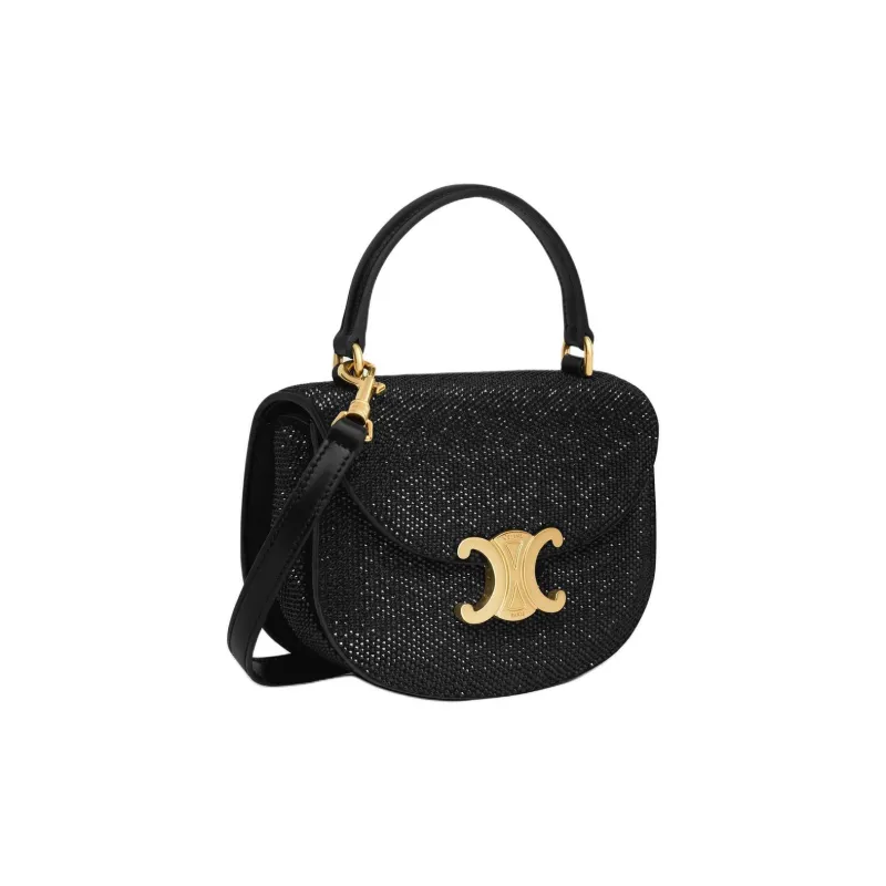 CELINE Besace Rhinestone Calfskin One Shoulder Handbag Mini Women's Black-1