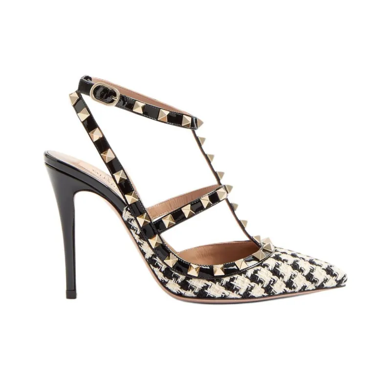 Valentino ROCKSTUD Slim Heel High Heels 10cm Women's Black White-1