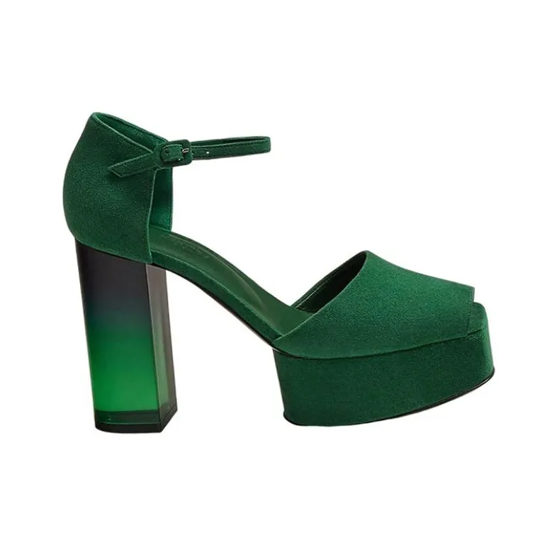 HERMES Fever 70 Chunky Heel High Heels Women's Green-1