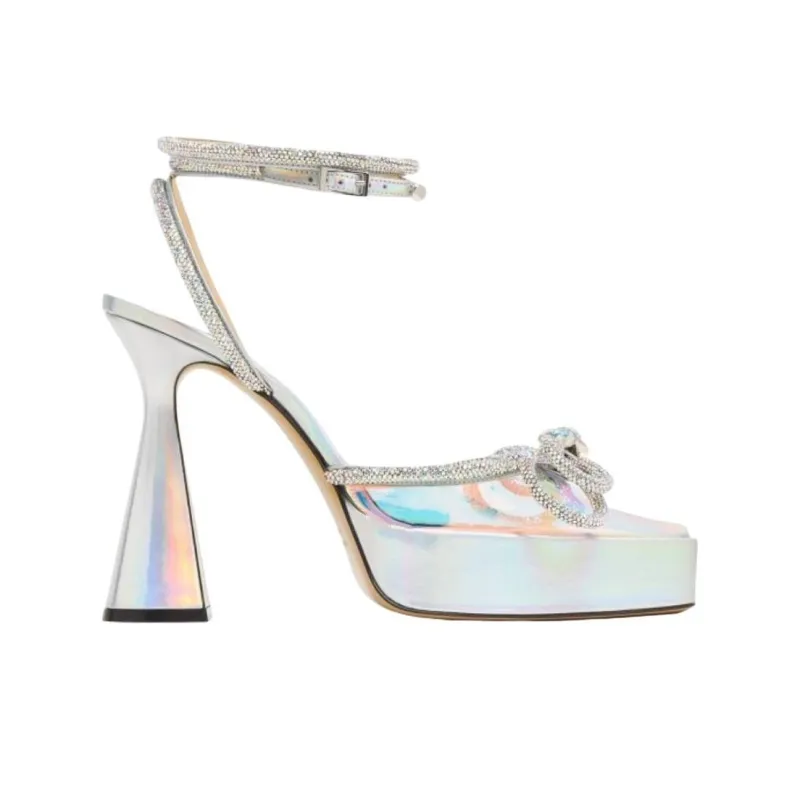 MACH & MACH Double Bow Chunky Heel High Heels 14cm Women's Silver-1