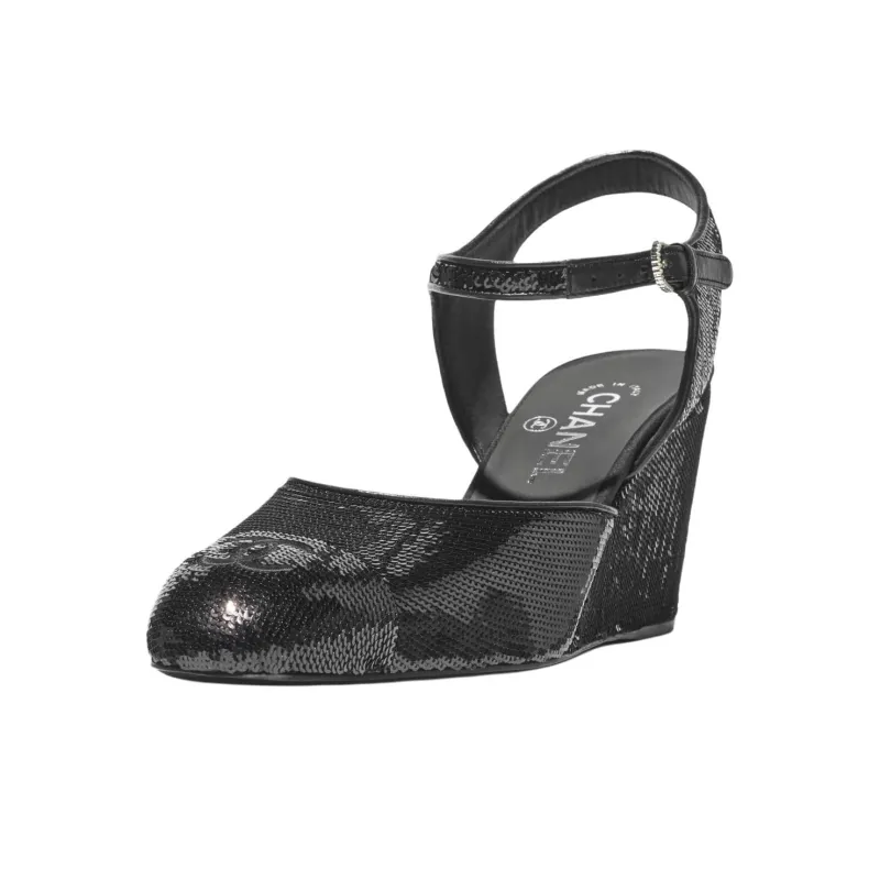 CHANEL 25C Spring Vacation Collection Wedge Heel High Heels 7.5cm Women's Black-1