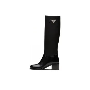 PRADA Black Brushed Leather And Re nylon Knee Boots 'Black' Women's