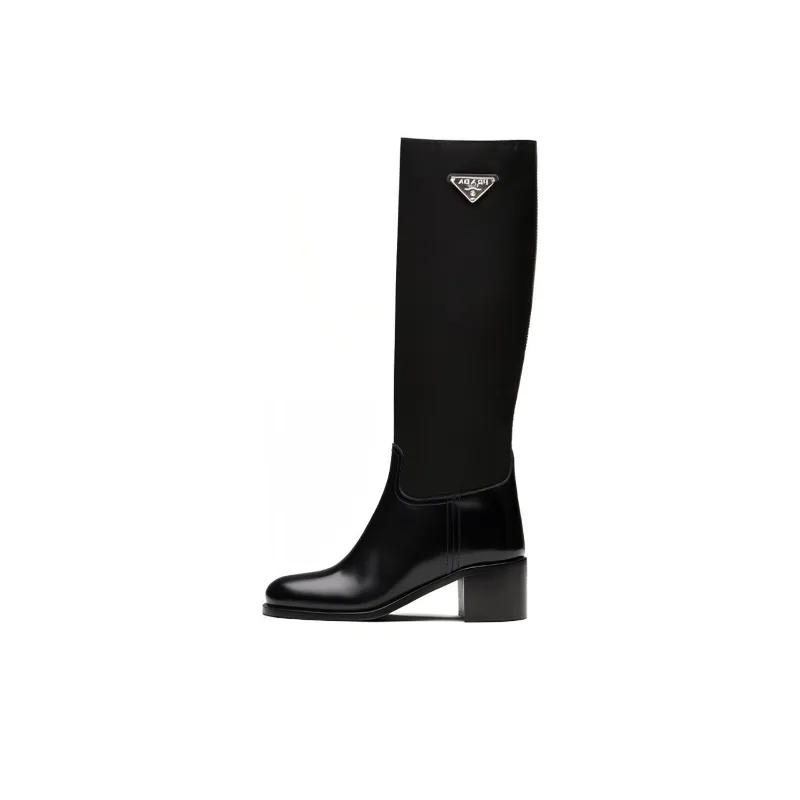 PRADA Black Brushed Leather And Re nylon Knee Boots 'Black' Women's-0