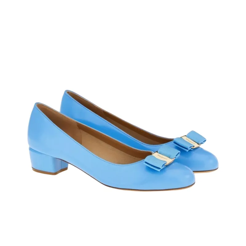 FERRAGAMO Vara Chunky Heel High Heels 3.5cm Women's Light Blue-2