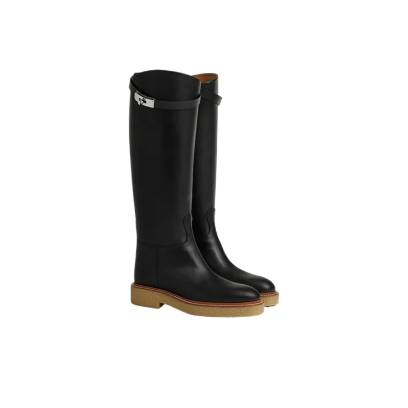HERMES Honey Knee-high Boots Women's Black-3